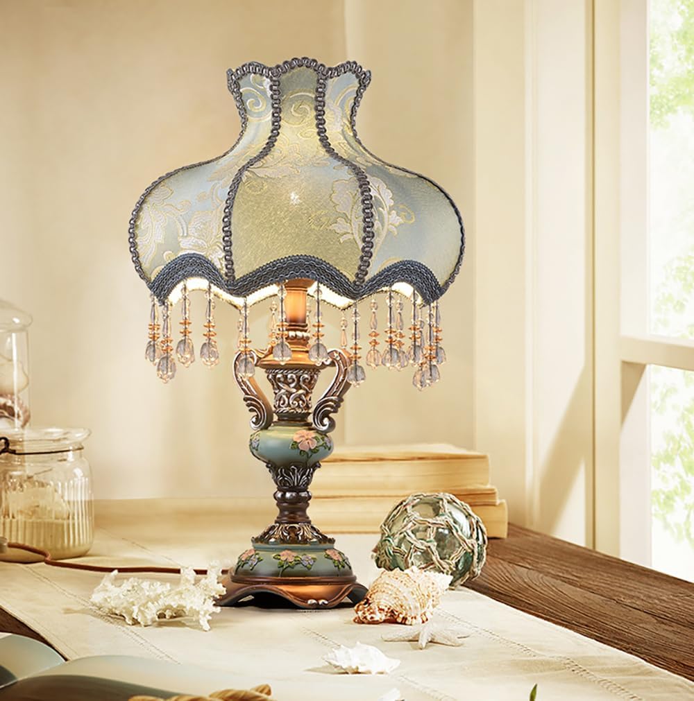 Lovely Table Lamp with Fabric Lampshade, Antique Flower Decorative Bedside Desk Lamp, Crystal Night Light for Bedroom Nightstand, Blue Finish