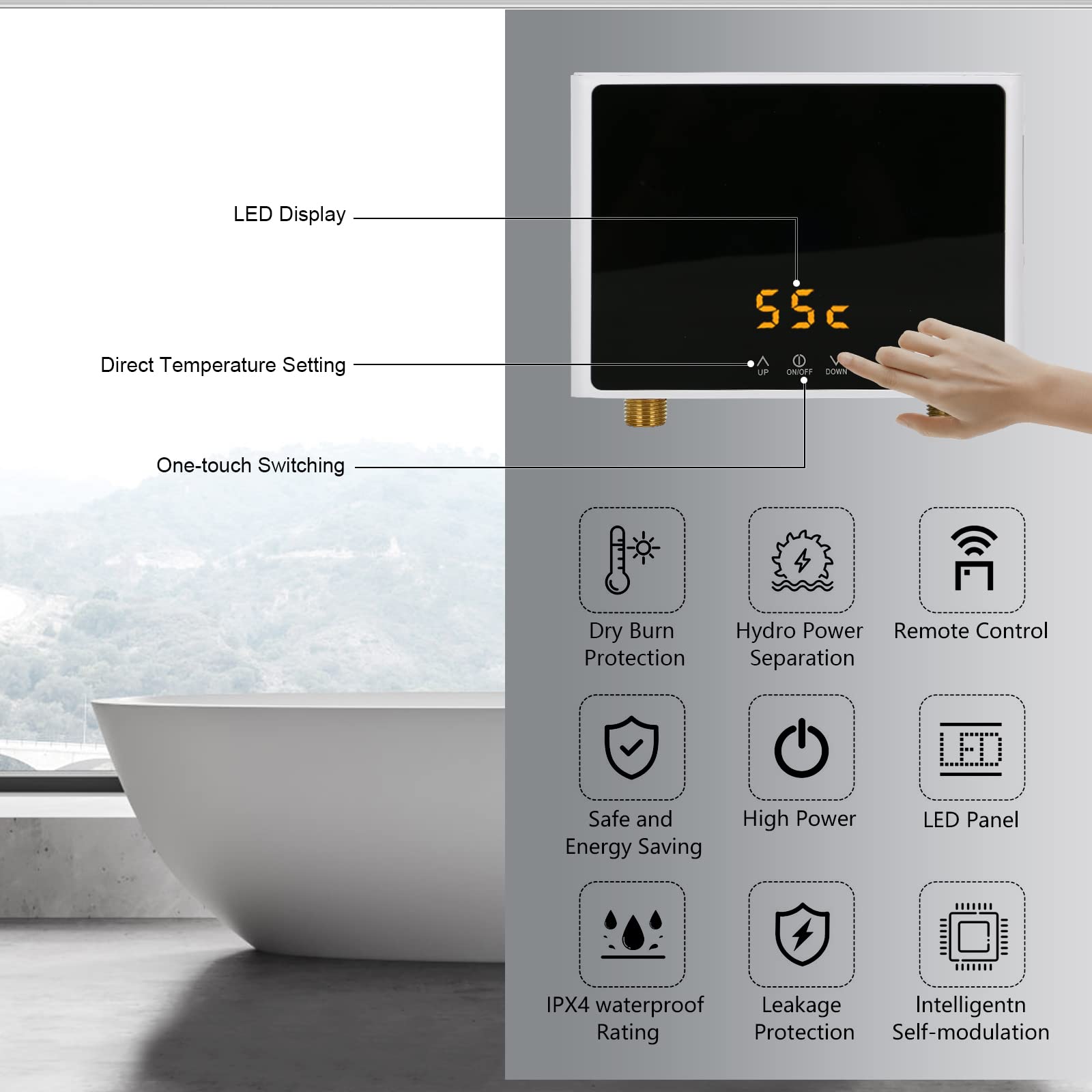 220 V mini-doorstroomboiler, keuken, 3000 W, direct waterboiler met led-temperatuurweergave, elektronische doorstroomboiler voor keuken, waterbesparing, eenvoudig te installeren (wit