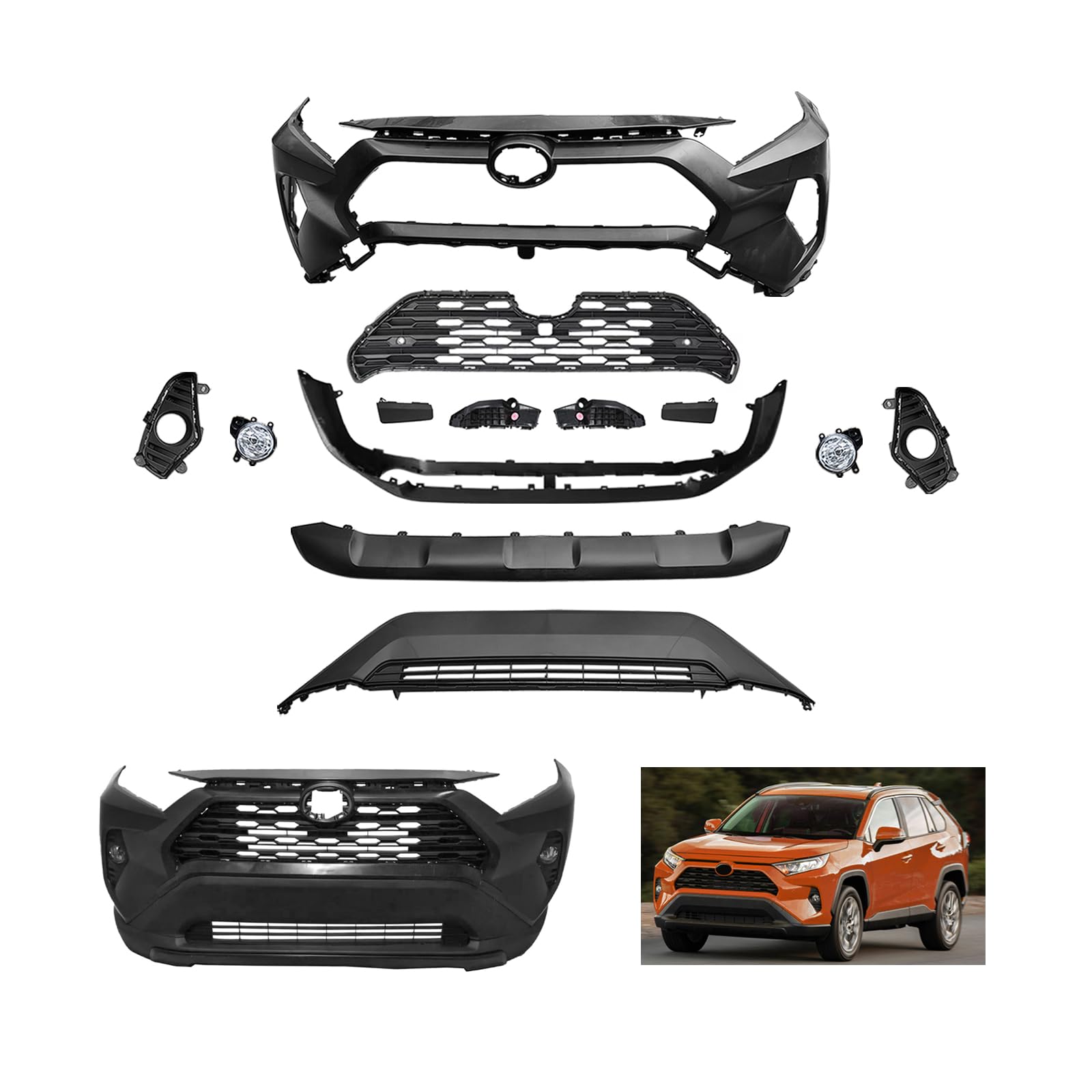 RAV4 Complete Front Bumper Cover Kit Compatible with 2019 2020 2021 2022 Toyota RAV4 Front Bumper Cover without Sensor Holes W/Upper Grille Lower Grill & Fog Lights
