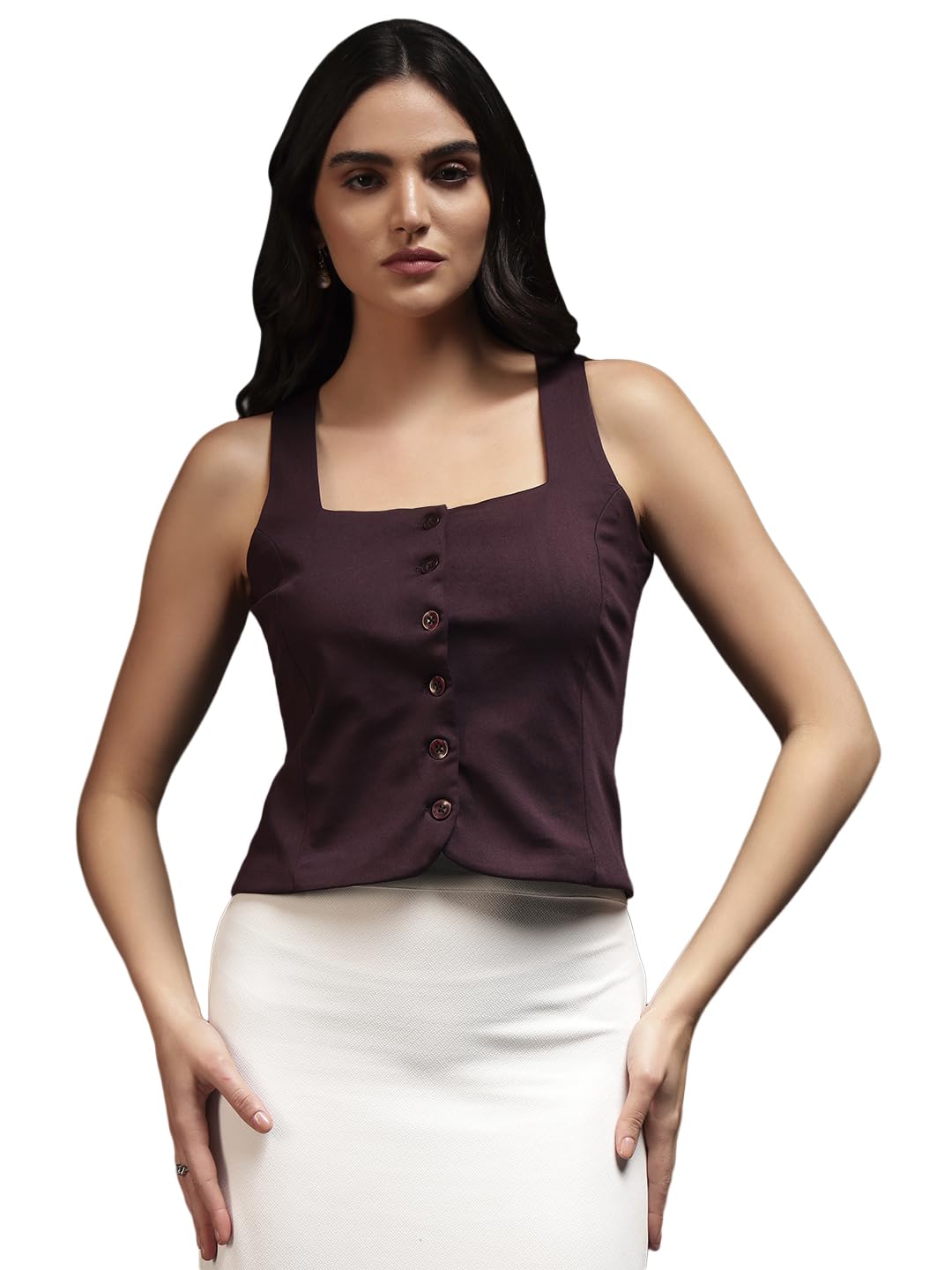 trend arrest.ed Women's Button Front Waistcoat Top | Structured Square Neck Vest | Tailored Crop Tank-picture-11