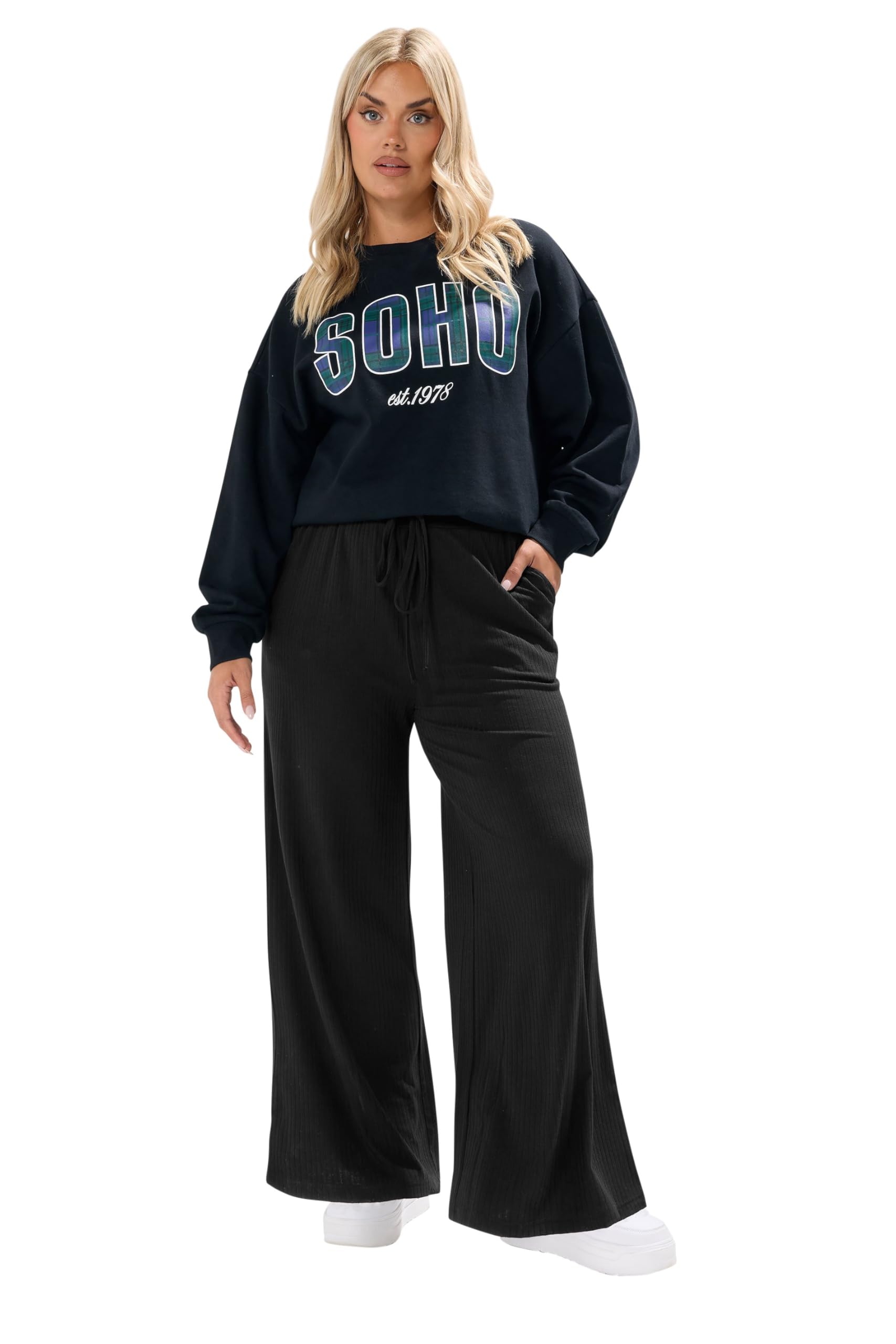 Yours Women's Black Ribbed Wide Leg Trousers In | Size: 20