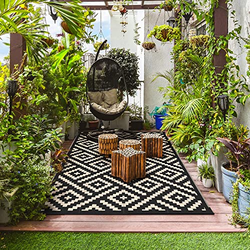 Image of GENIMO Outdoor Rug 4'x6' Waterproof, Reversible Camping Mat, Plastic Straw Rugs for Patio, RV, Camper, Balcony, Backyard, Picnic, Deck (Black & Beige) | Outside Larger Modern Carpet Mat for Porch Decor, Deck, Balcony, Camping, RV, Backyard, Picnic, Beach, Reversible, Foldable