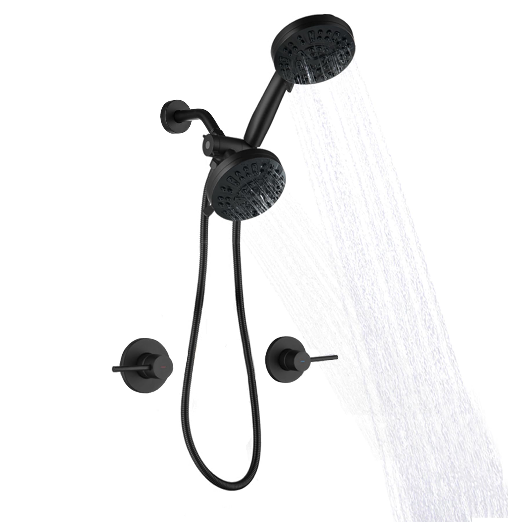 SUBEIXI matte black two-handle shower set with overhead shower head and handheld shower