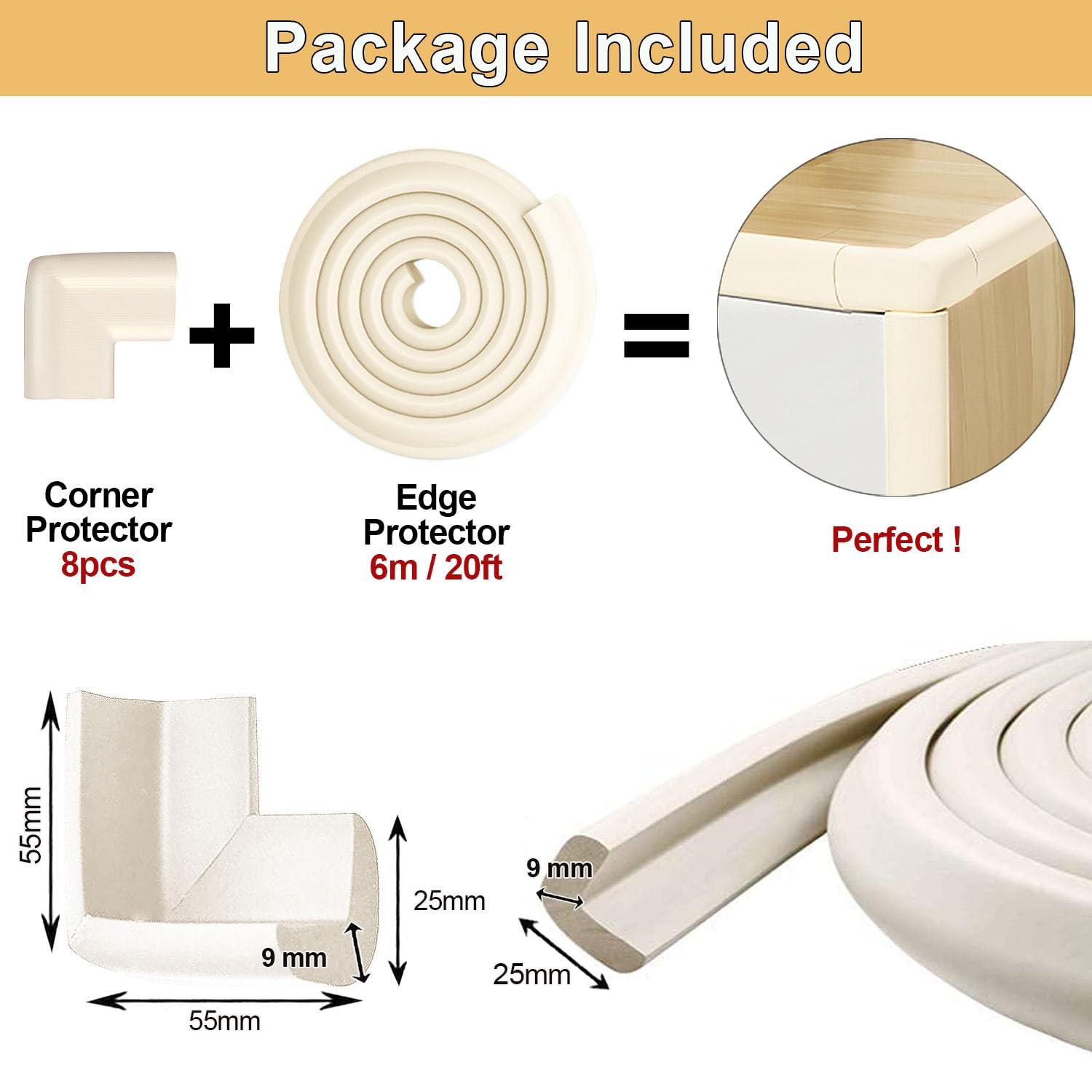 Safety Baby Edge Corner Guards Protector Set, Baby Proofing 6M/20ft Edges Protector + 8 Corner Guards for Kids Foam, Furniture and Tables Child Bumpers, Pre-Taped for Direct Use - Image 4
