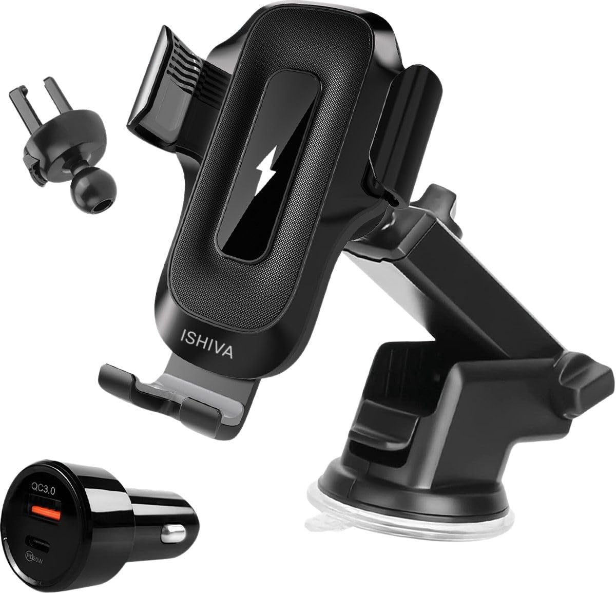 Ishiva Caricabatterie wireless per telefono da 15 W con adattatore di ricarica, ricarica rapida, supporto per telefono girevole a 360° per cruscotto, griglia di ventilazione, parabrezza