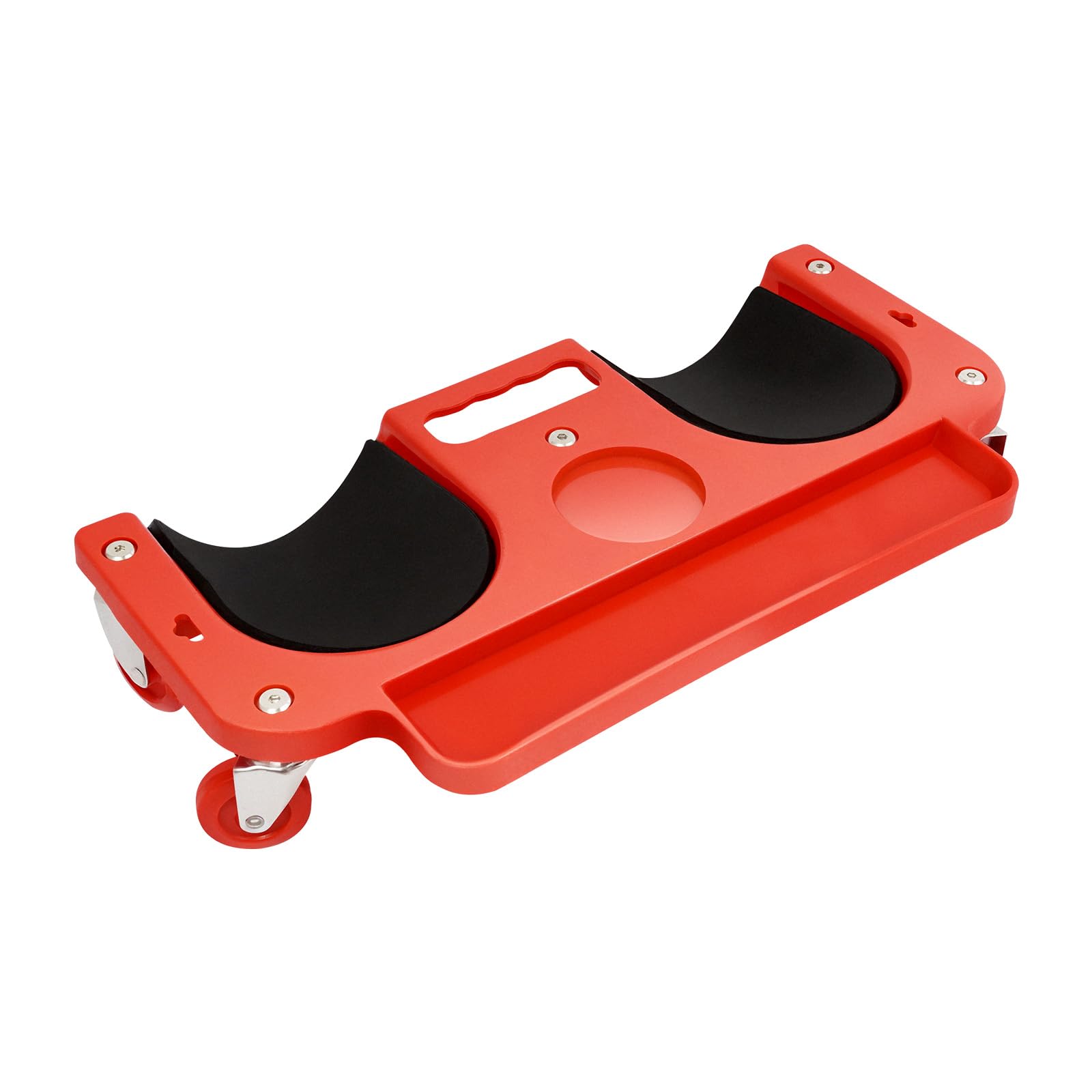 Rodillera profesional con 5 ruedas y bandeja para herramientas, capacidad de carga de 100 kg, protección ergonómica para la construcción, jardín, reparación de coches, color rojo y negro