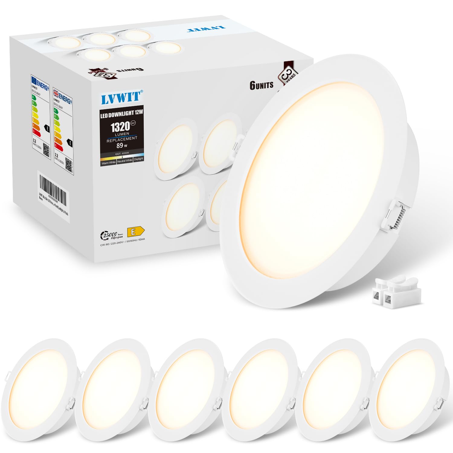 LVWIT Faretti LED da Incasso per Cartongesso, Faretto da Incasso 12W, 1320 Lumen, Faretti per Cartongesso, Luce Naturale 4000K, Faretti LED Soffitto, AC 220-240V, Diametro Foro Ø120-130mm, Set di 6