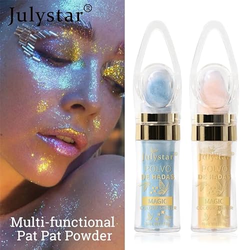 Polvo De Hadas Makeup Powder, Highlighter Powder Stick Body Shimmer Patting Powder Glitter High Gloss Sparkle Loose Brighten Face Body Lips Eyes Glow Cosmetic White Moonbeam (6 Colors Set) #TOP3