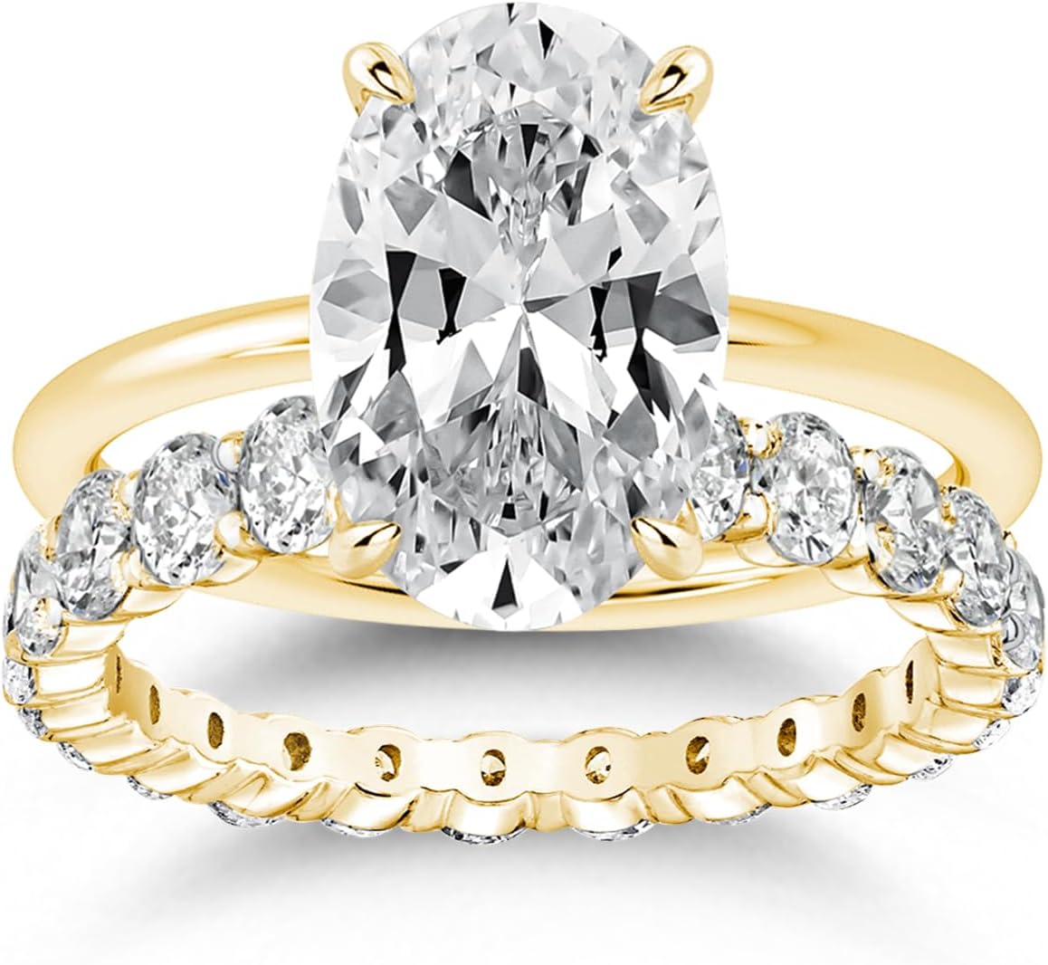 3.5ct Elongated Oval Cut Wedding Ring Set,Solitaire Engagement Ring with Oval Eternity Band,925 Sterling Silver Bridal Ring Set