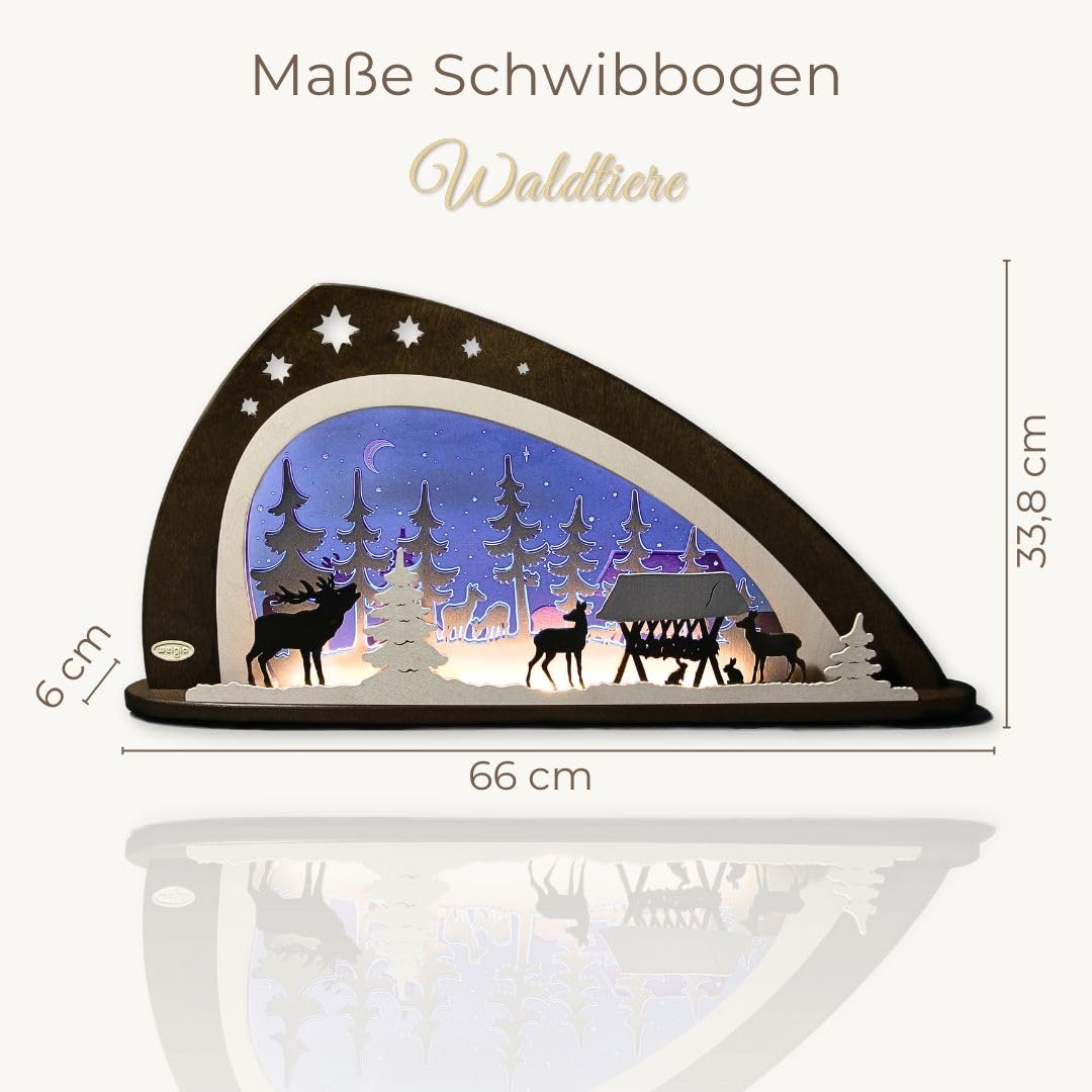 weigla - Schwibbogen original Erzgebirge I Motiv Waldtiere I LED-Lichterbogen Weihnachten I Größe 66 x 33,8 x 6 cm I Inklusive Beleuchtung I beleuchtete Weihnachtsdeko innen I aus Holz