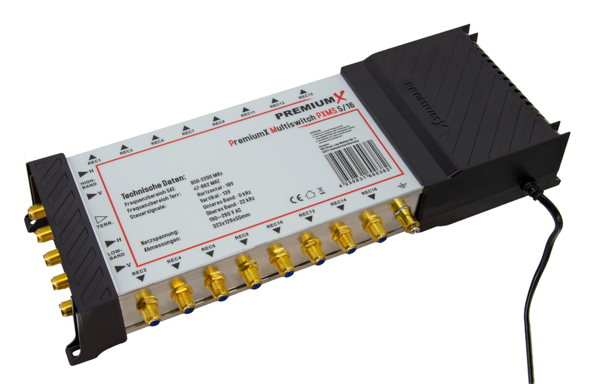 PremiumX PXMS Multiswitch 5/16 con alimentador - Distribuidor de señales satelitales para 16 usuarios - Compatible con Digital HDTV FullHD 4K UHD 8K