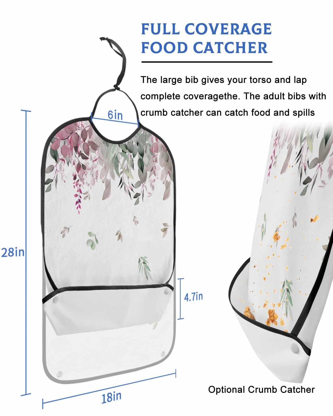 LEOKOTI Vintage Red Green Adult Bibs for Eating, Waterproof Bibs with Food Catcher & Snap Closure, Spring Botanical Summer Eucalyptus Leaves Washable Clothing Protectors Adult Bibs for Elderly