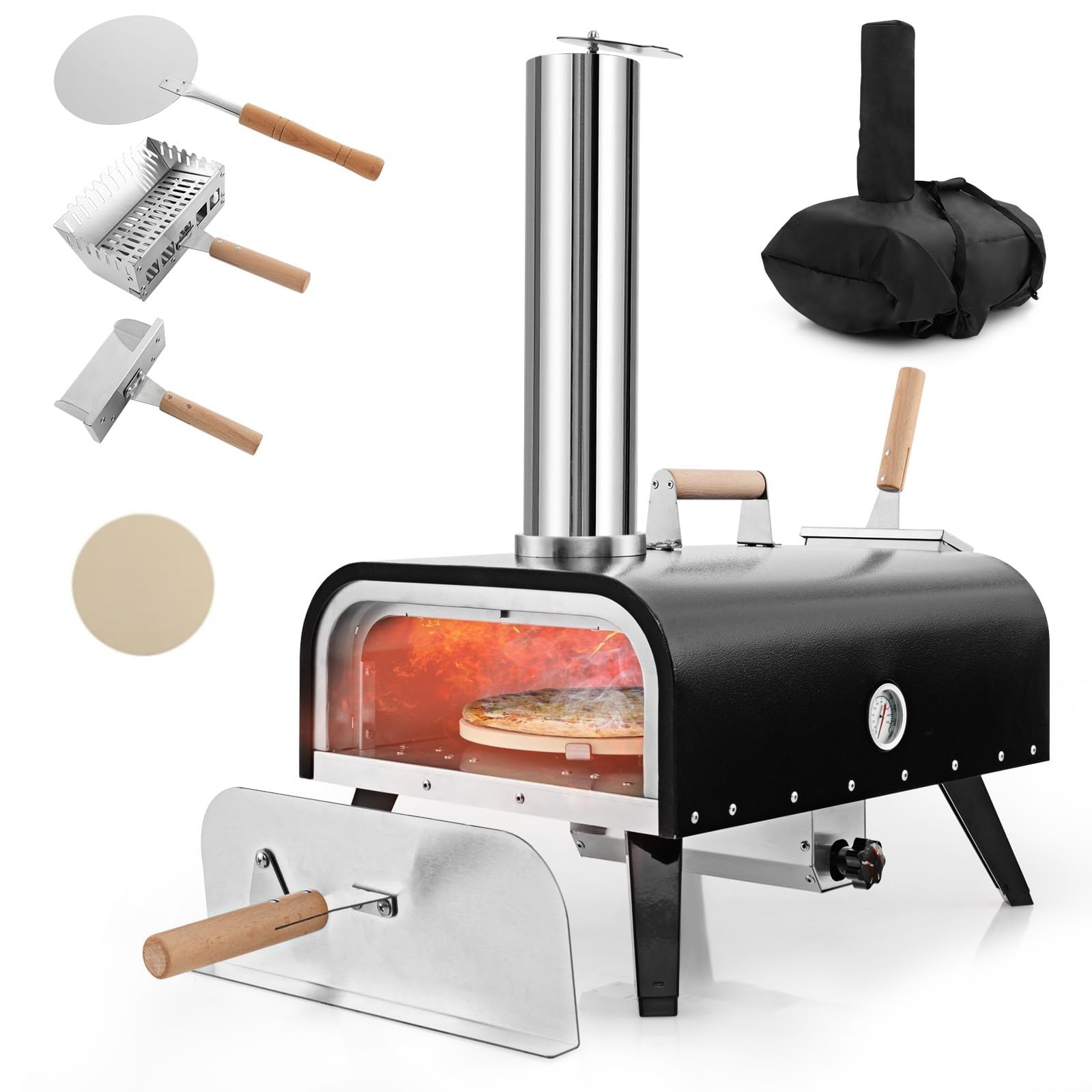 GYMAX Horno de Pizza para Exteriores, Multicombustible con Termómetro, Piedra y Pala para Pizza, Chimenea Ajustable, Horno de Acero Inoxidable 3 Capas, Portátil con Bolsa de Transporte