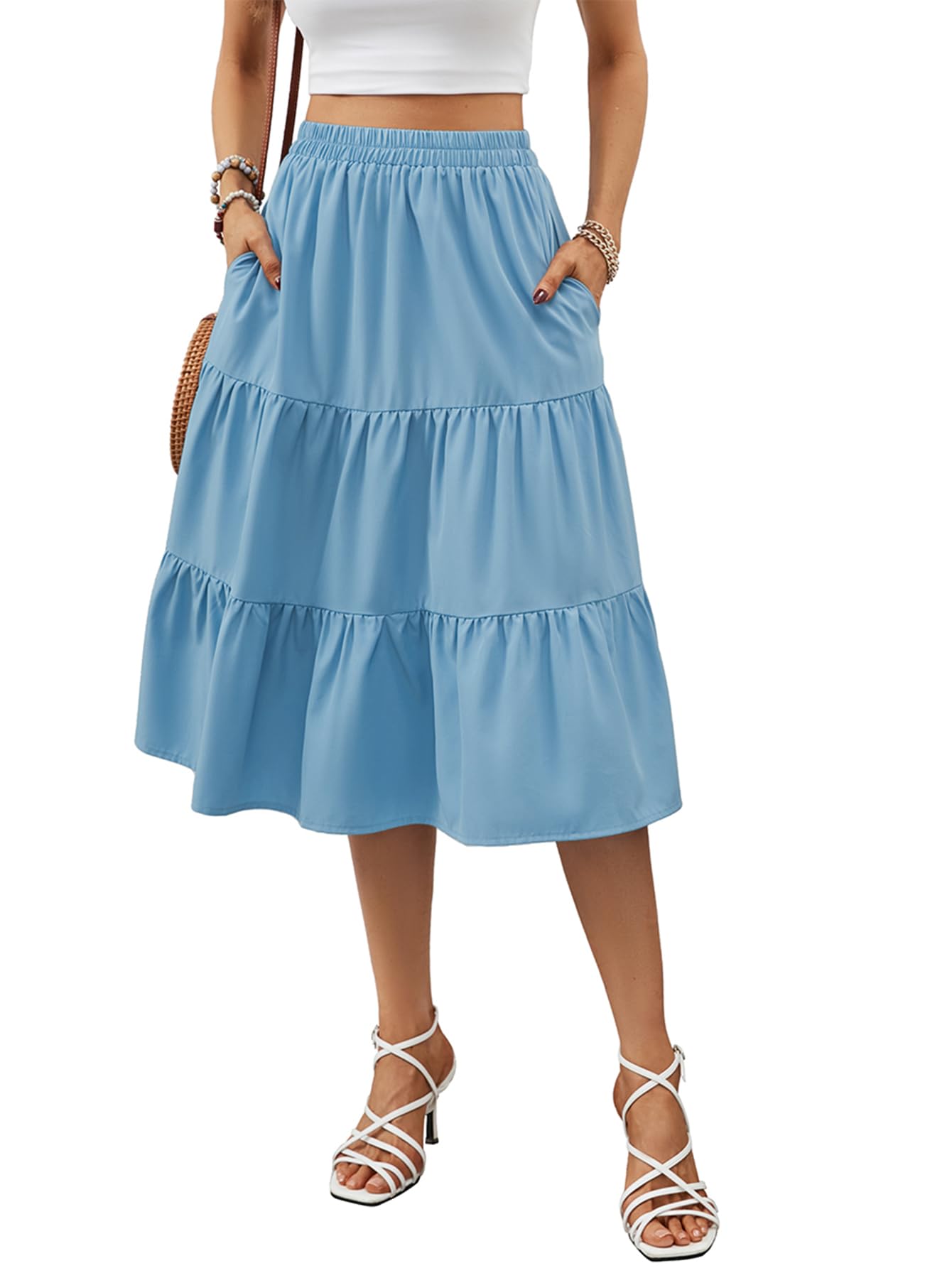 Lyrur Gonna Lunga Floreale Donna Con Tasche – Vita Alta Elastica, Midi A-Line, Blu, Taglia S