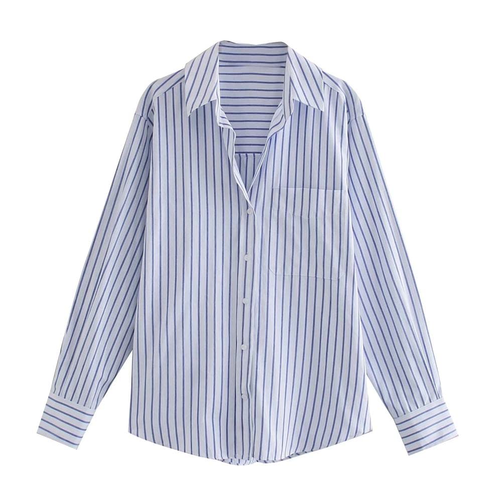 Lockeres Damenhemd,Damen Satin Bluse Hemd Blau Gestreiftes Hemd Langarm Vintage Mode Seidenhemden Business Hemd Mit Knopf Sexy Party Tops Lässige Arbeit Büro Bluse Für Mädchen Damen