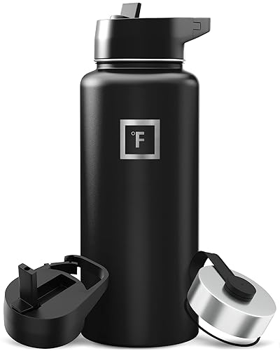 IRON °FLASK Camping & Hiking Hydration Flask with Straw, Wide Mouth Insulated Stainless Steel Sports Water Bottle - 32 oz Midnight Black