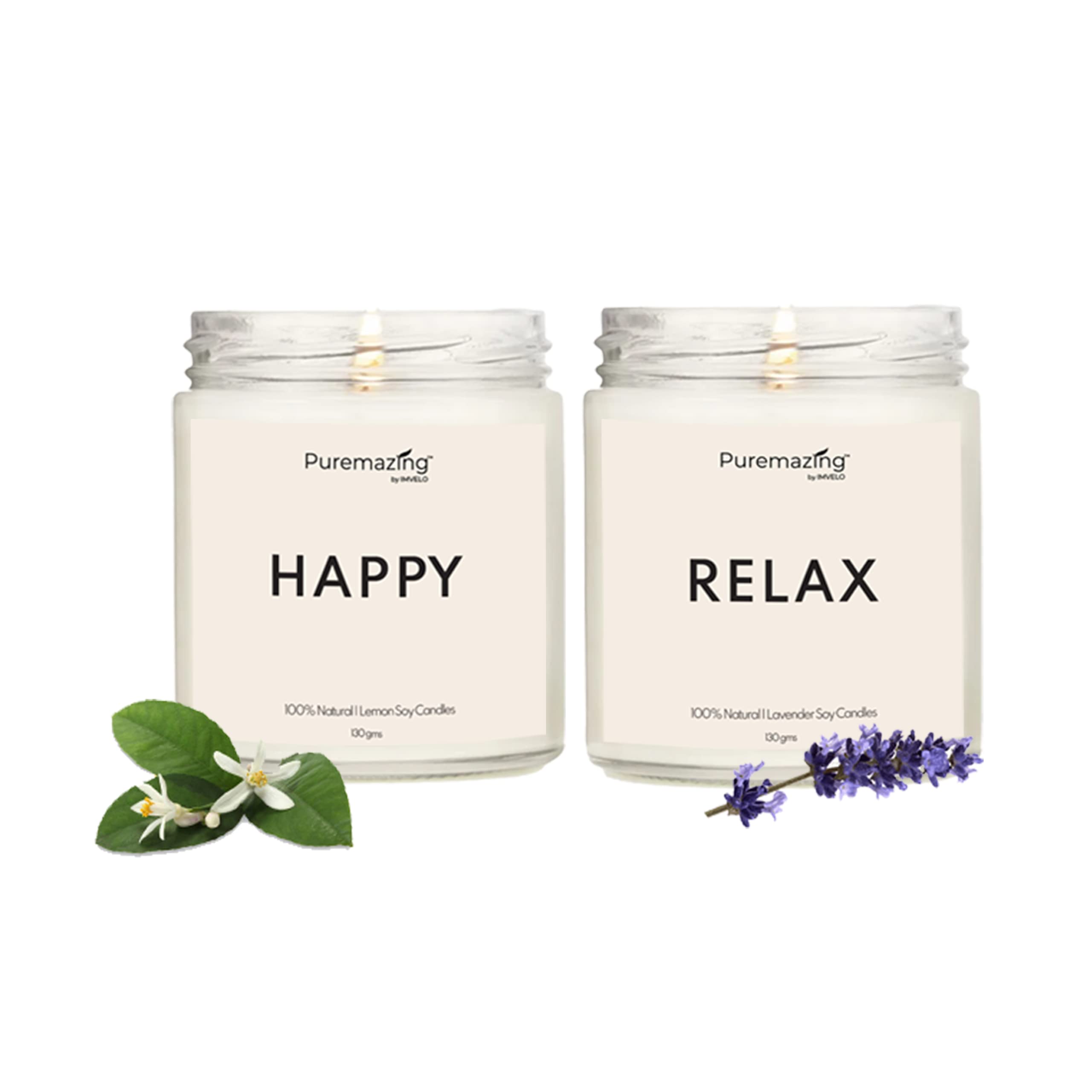 Puremazing Lavender & Lemon Scented Candle – 100% Soy Wax | Natural Aroma Oil | Non-Toxic | Long-Lasting Fragrance | 30-Hours Burn Time | 2 X 130 Grams | Perfect for Home, Office & Gifting.