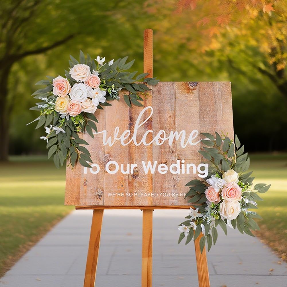 Pink Artificial Rose Flower Swag (Set of 2) Floral Swag Flower Arrangement Wedding Arch Welcome Sign Ceremony Anniversary Birthday Party Bridal Shower Backdrop Home Decoration Pink