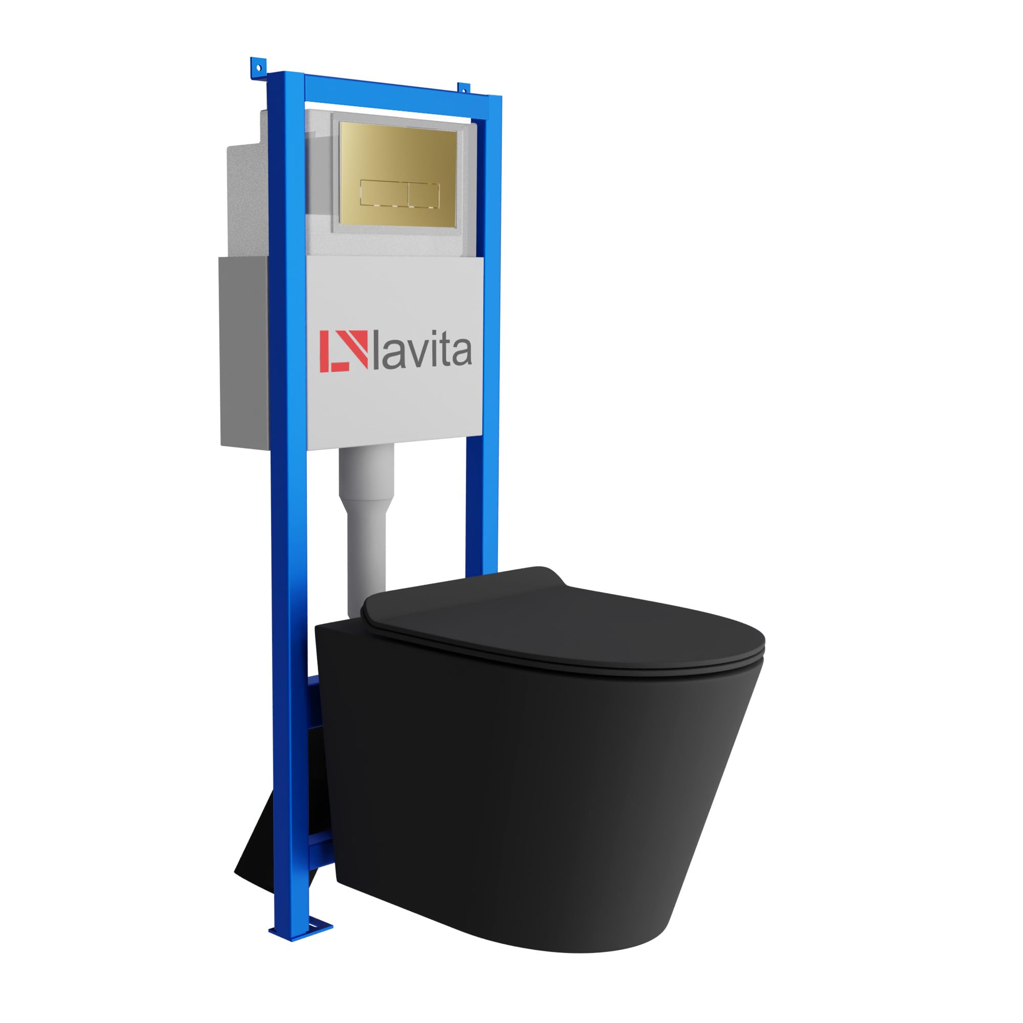 Lavita LAV 101 Vorwandelement für WC 40cm + Wand Hänge Tiefspül WC GALVE Schwarz Spülrandlos + Bedienplatte LAV 200.3.5 Gold | Komplettset | Unterputz Spülkasten | Toilette Komplett Sett