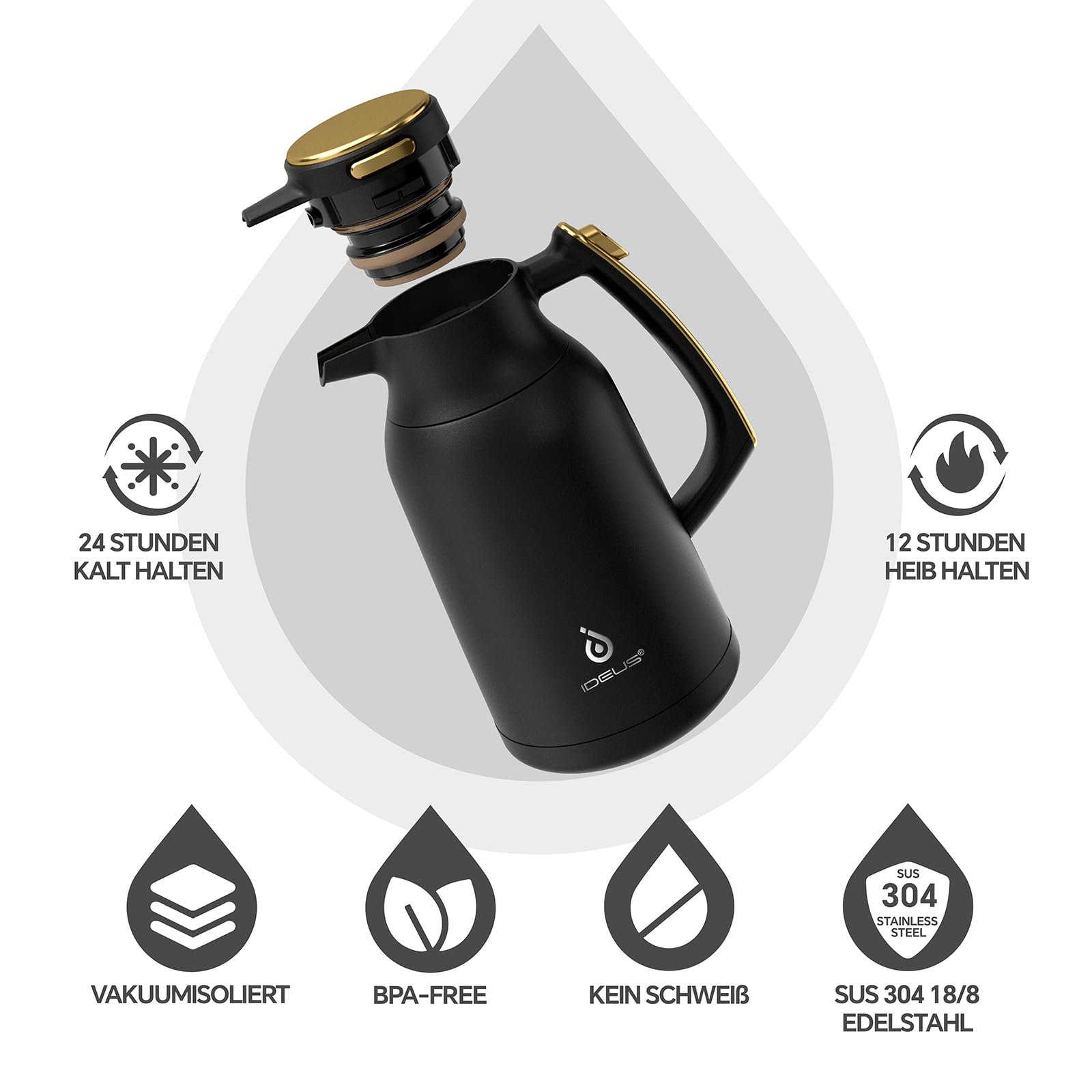 IDEUS® Termo de 2 l, acero inoxidable de doble pared, aislamiento al vacío, tetera caliente para café, sin BPA (negro y dorado)