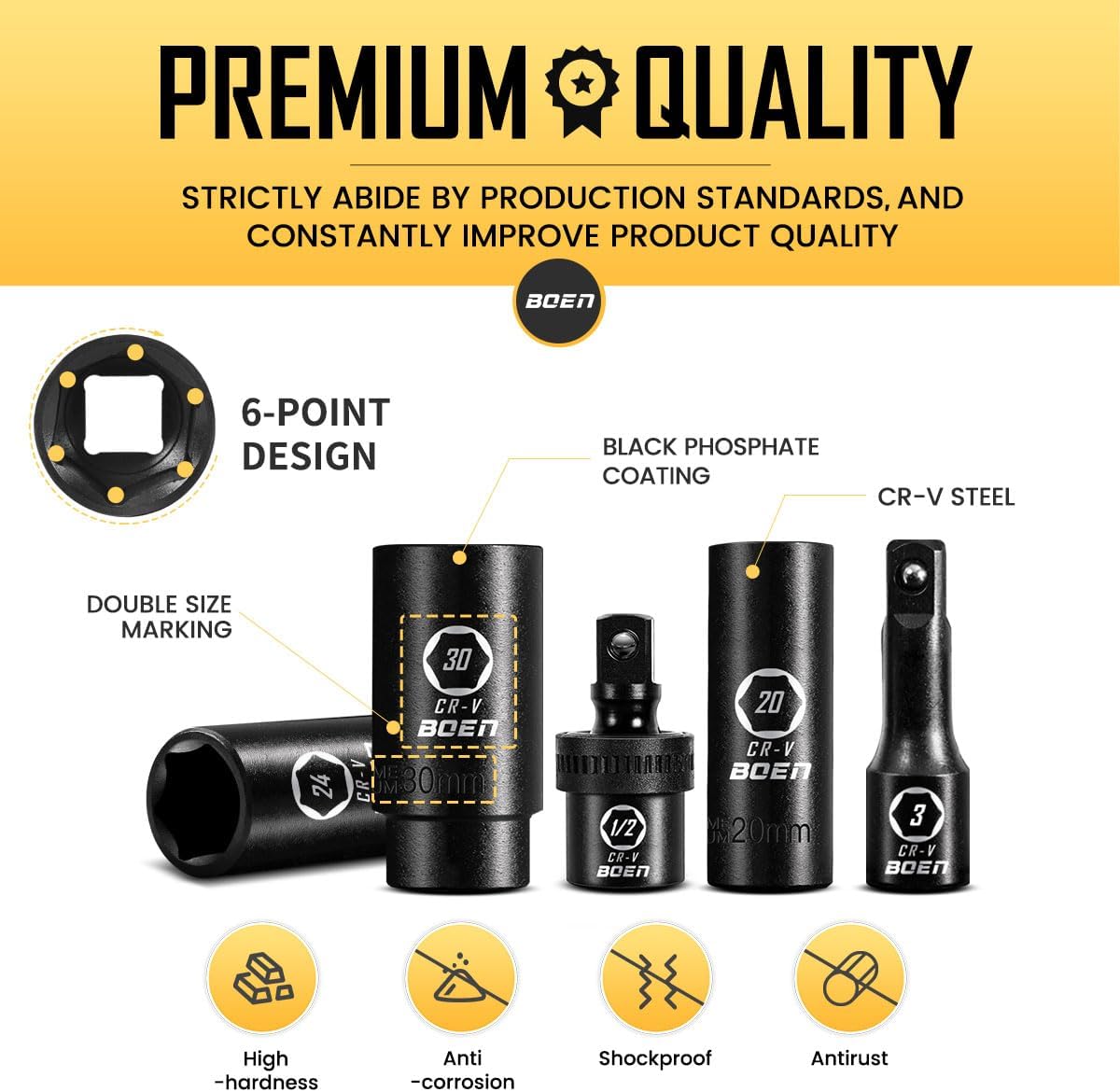 boen 45PCS 1/2” Drive Metric Socket Set, Impact Deep& Shollow Socket(9mm-32mm), 6 Point Lug Nut for Auto Repair with Portable Case, CR-V Steel - Image 4