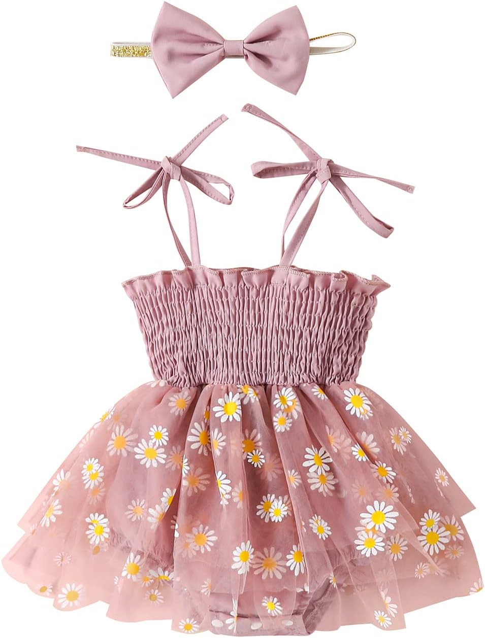 MERSARIPHY Newborn Baby Girl Summer Outfit Sleeveless Ruffle Smocked Halter Tulle Romper Dress One-piece Jumpsuit Clothes Pink Daisy 12-18 Months
