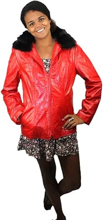 57204 New Red Embossed Lamb Leather Black Fox Fur Trim Jacket Coat