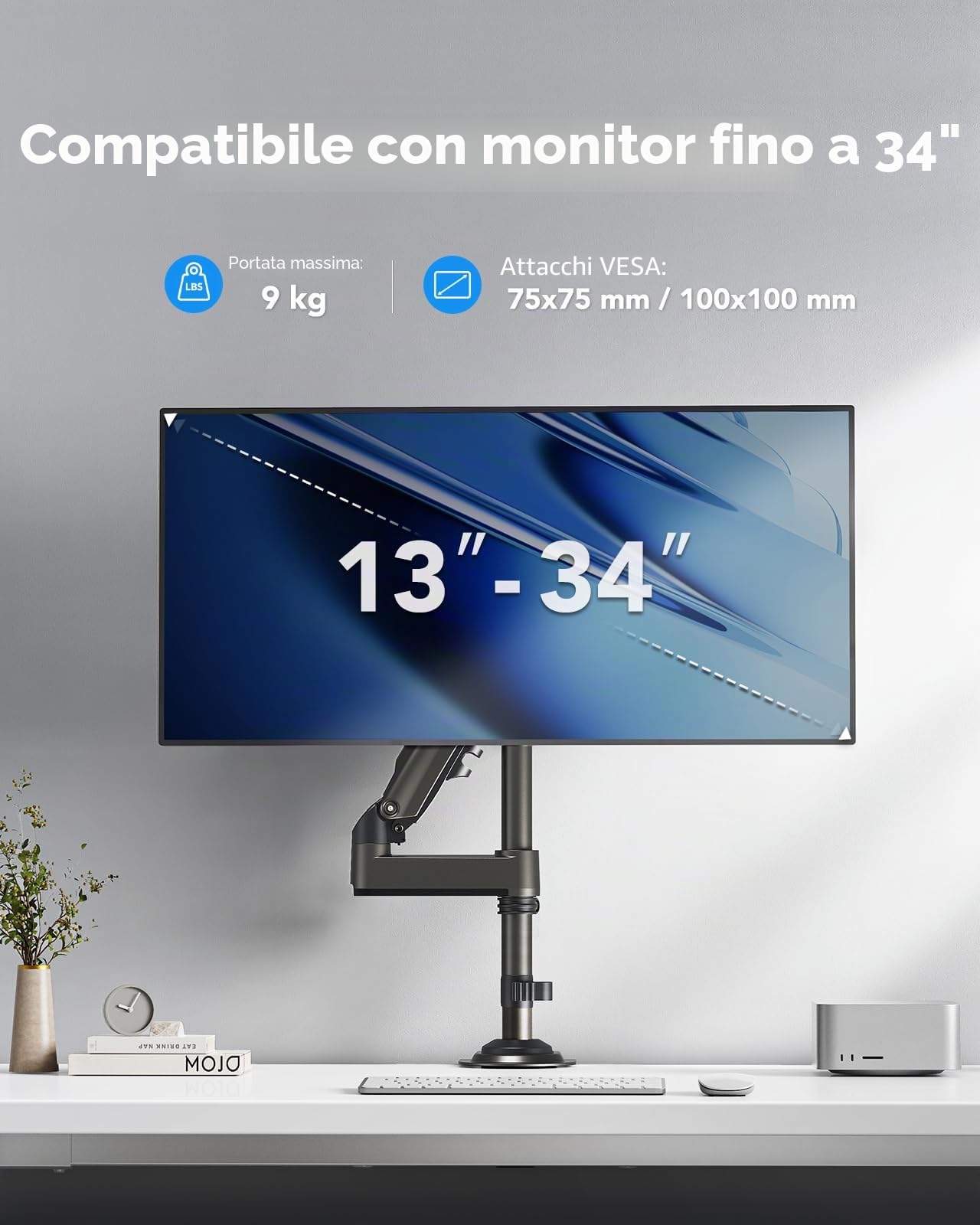 HUANUO Supporto schermo PC per schermo curvo da 13 a 32 pollici, braccio schermo PC regolabile in altezza, rotazione a 360° supporti VESA supporto schermo 75 x 75/100 x 100 mm