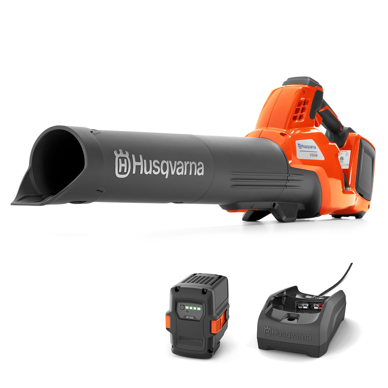 Souffleur sans Fil Husqvarna 230iB – Puissant, léger et Silencieux, avec Batterie 36V et Chargeur Inclus, Mode Boost et régulateur de Vitesse pour Un Nettoyage Efficace du Jardin.