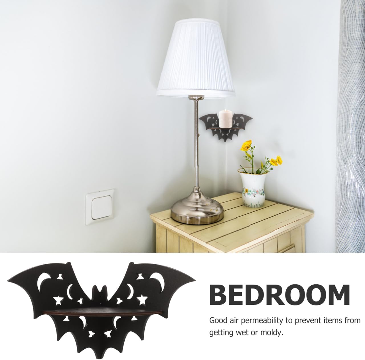 Bat Shape Floating Shelf 20cm Black – Solid Wood Wall Mounted Corner Rack, Rustic Bat Shelf for Bathroom/Bedroom/Kitchen, Easy Install, Cute Halloween Decor & Everyday Display, 1-Pack