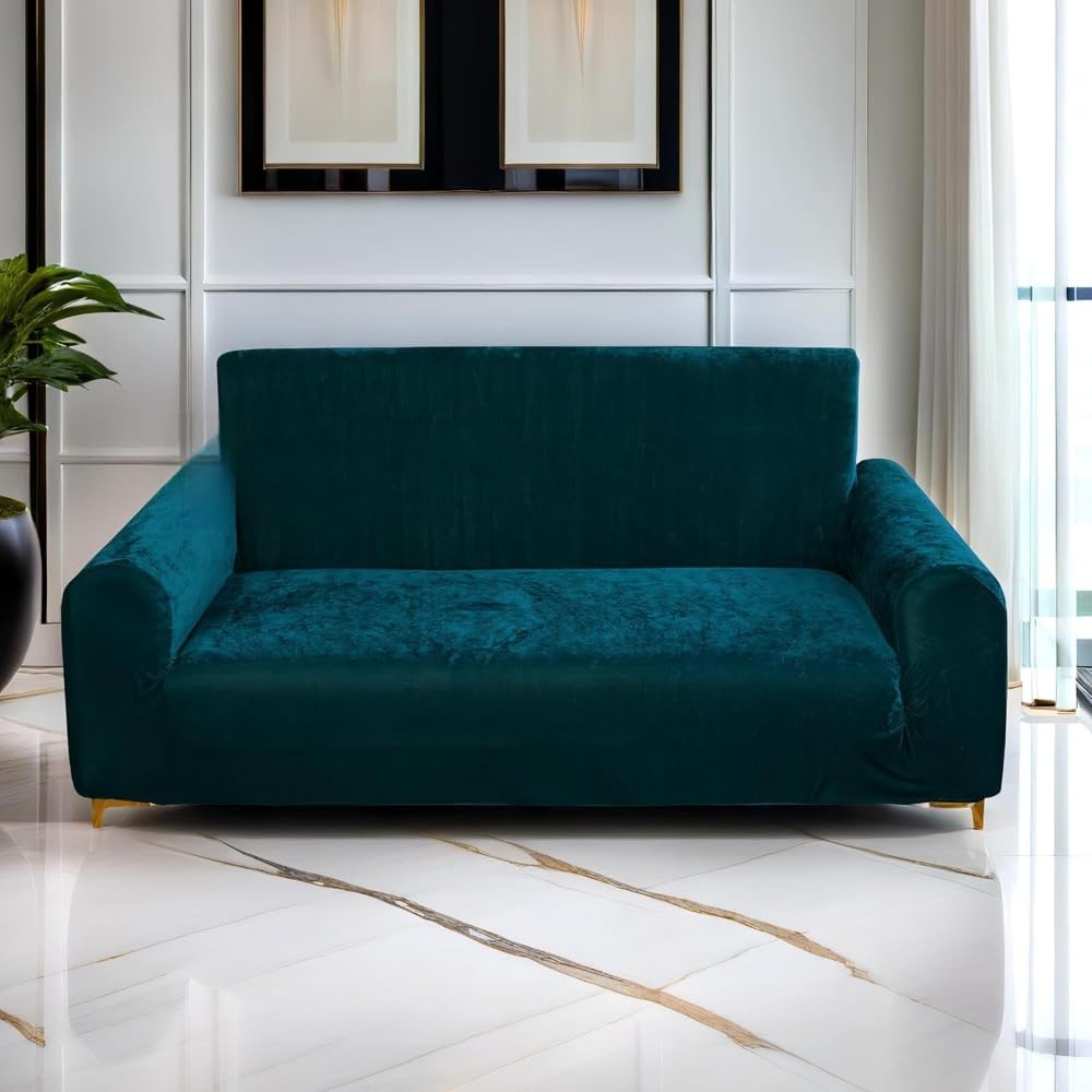 Velvet Stretch Sofa Cover |3 Seater Elastic Slipcover for Living Room | (Green)-image-39