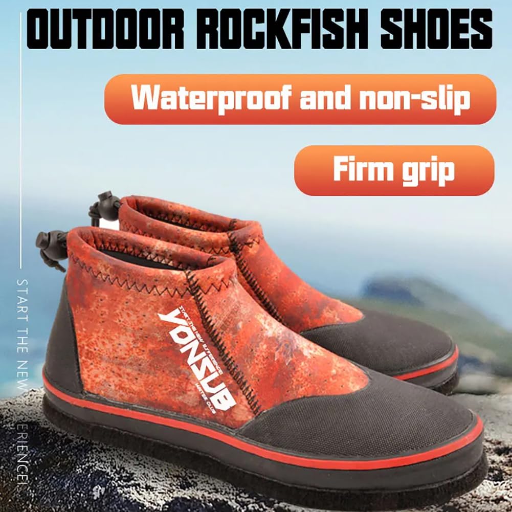 WYYHAA Self-Lock Rock Fishing Shoes, 3MM Neoprene Camouflage Hunting Fishing Boots Anti-Slip Steel Nail Felt Sole for Men Women,Red,5