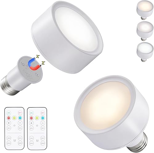 Paquete de 2 bombillas magnéticas a pilas con control remoto, luces LED inalámbricas de disco LED, inalámbricas, regulables, E26, atornillables,