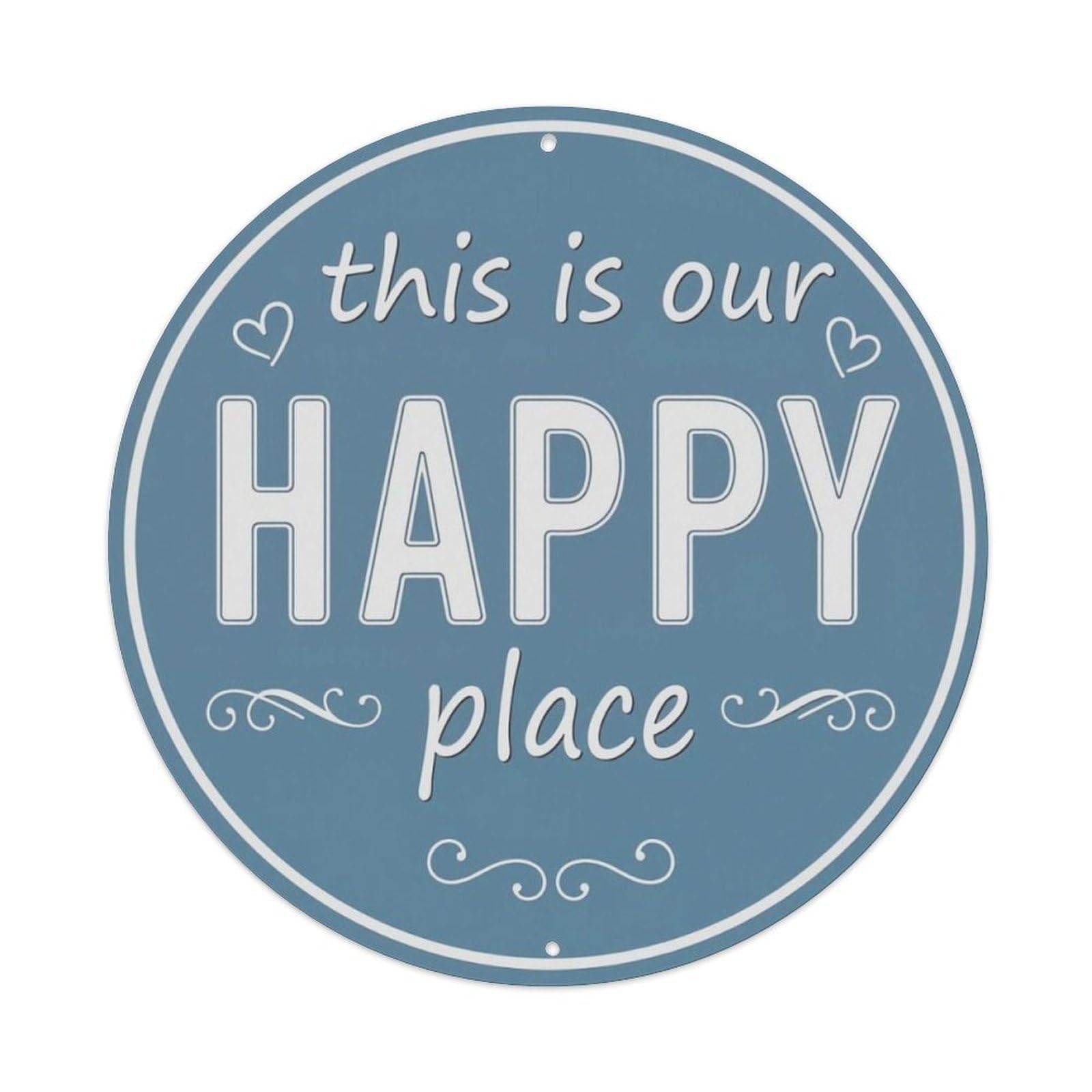 Dusty Blue Simple Happy Home Place Round Sign Vintage Aluminium Metal Sign, Retro Wall Decor for Home, Bar, Garage & Farmhouse 20x20cm