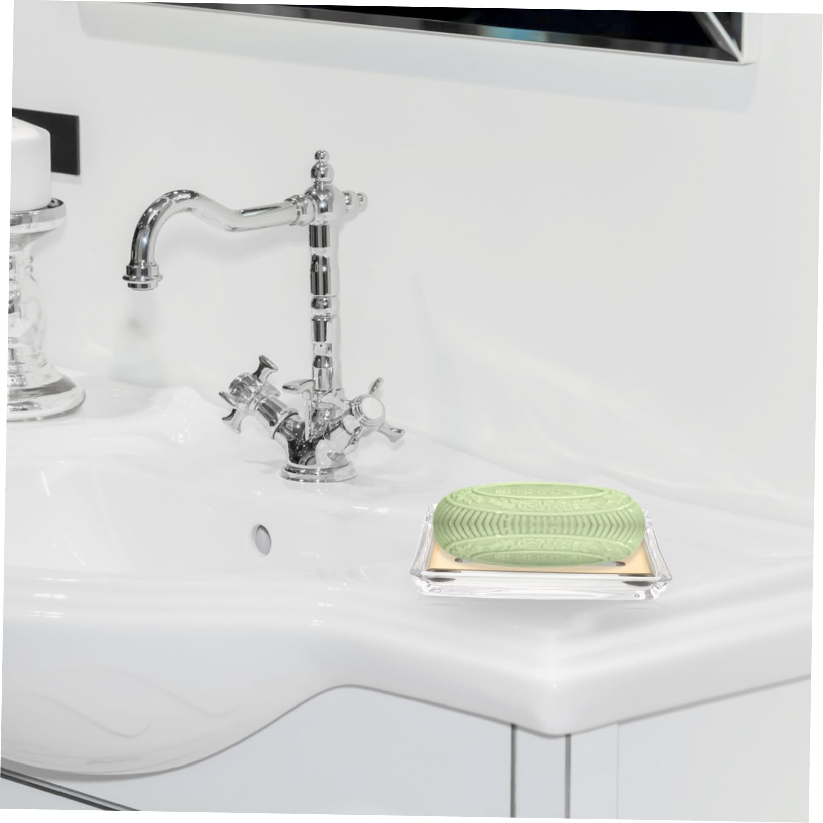 LABRIMP Jabonera de Vidrio Transparente Doble Capa con Bandeja de Acero Inoxidable Dorada para Baño Cocina Diseño Rectangular Ahorro Espacio Elegante