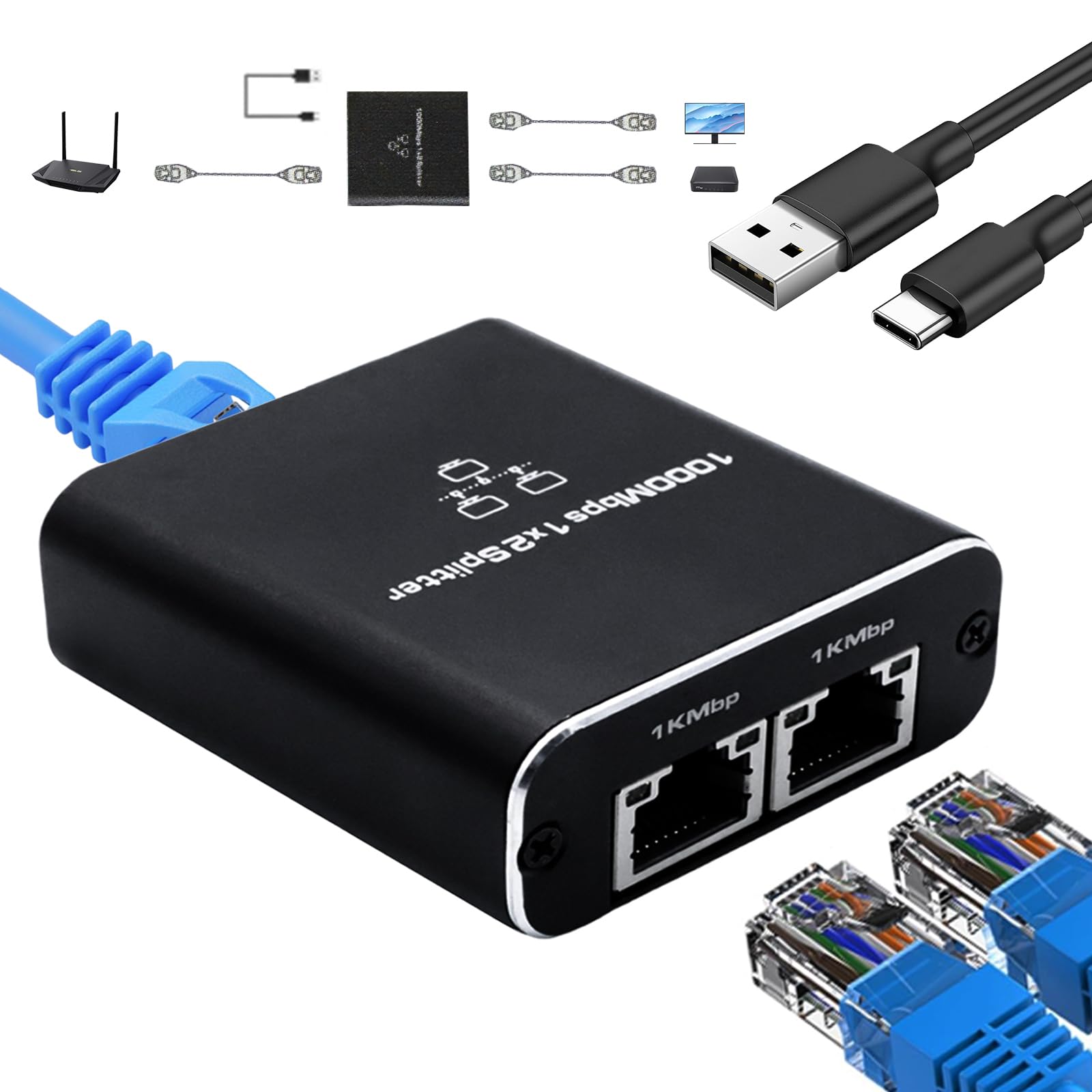 GNUADZ LAN Splitter 1 to 2, 1000 Mbps Gigabit Ethernet Splitter 2 Port with Type-C Power Cable, Aluminum Housing Network Switch for Computer, Hub, Router, Modem, Set-Top Box, Cat 5/5e/6/7/8 - 2