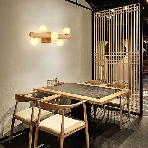 Miniatura 3 de Aplique de pared moderno de madera con 5 luces - Lámpara nórdica Retro para baño y bar con pantallas de Cristal Blanco lechoso - Casquillo G9 para