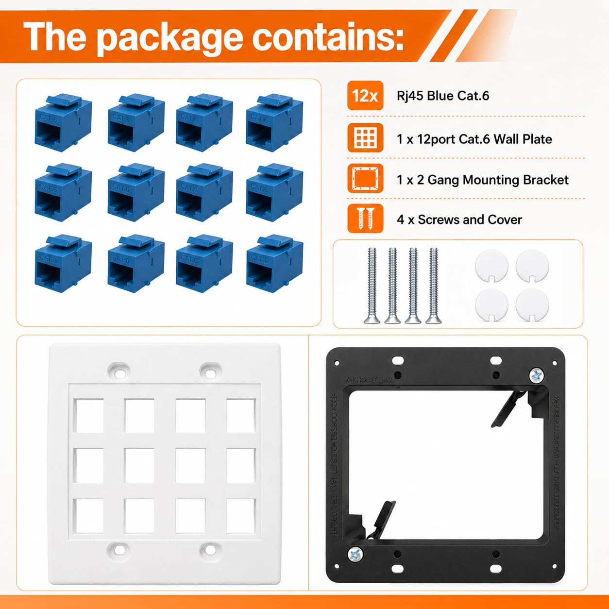 Plaque de prise murale Ethernet 12 ports Cat6 Jack RJ45 Keystone femelle vers femelle Câbles réseau Coupleur en ligne Connecteur avec montage basse tension 2 Gang Bleu