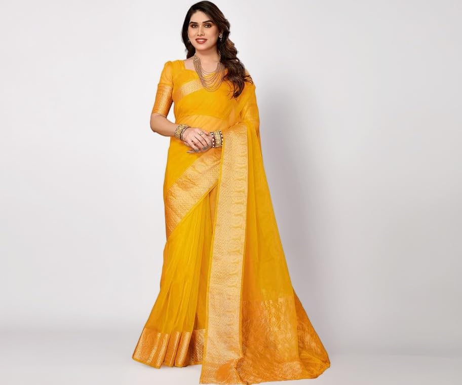 Women'S Organza Jacquard Border Saree With Unstitched Blouse Piece