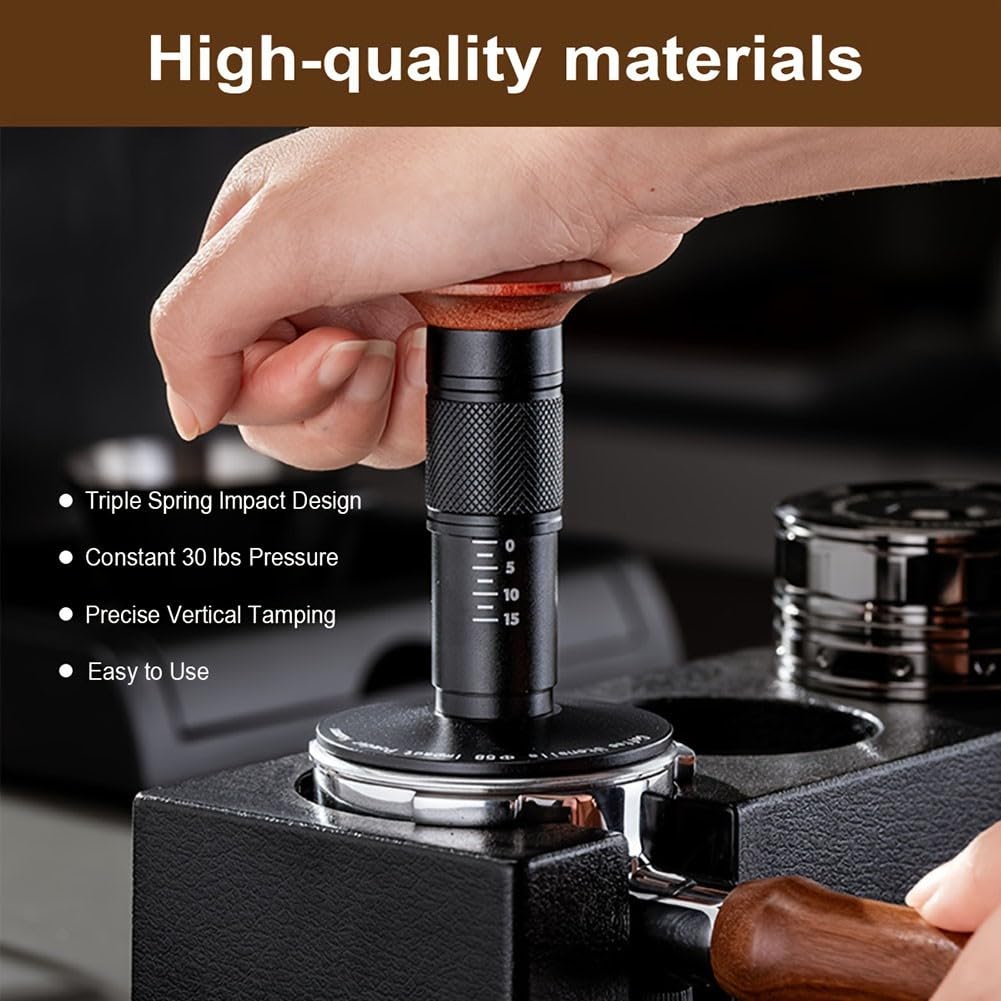 Prensador de espresso con entrega de presión con resorte de precisión, almacenamiento magnético para espacio de trabajo desordenado y base ondulada para aumentar la extracción, disponible en 51 mm, 53