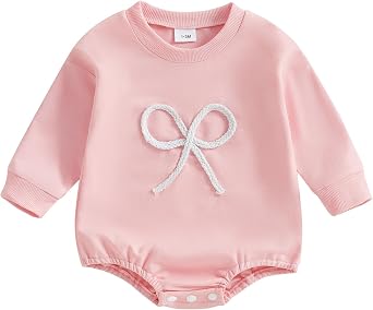 Newborn Baby Girl Fall Outfit Bow Oversized Sweatshirt Bubble Romper Long Sleeve Sweater Bodysuit One-Piece Jumpsuit