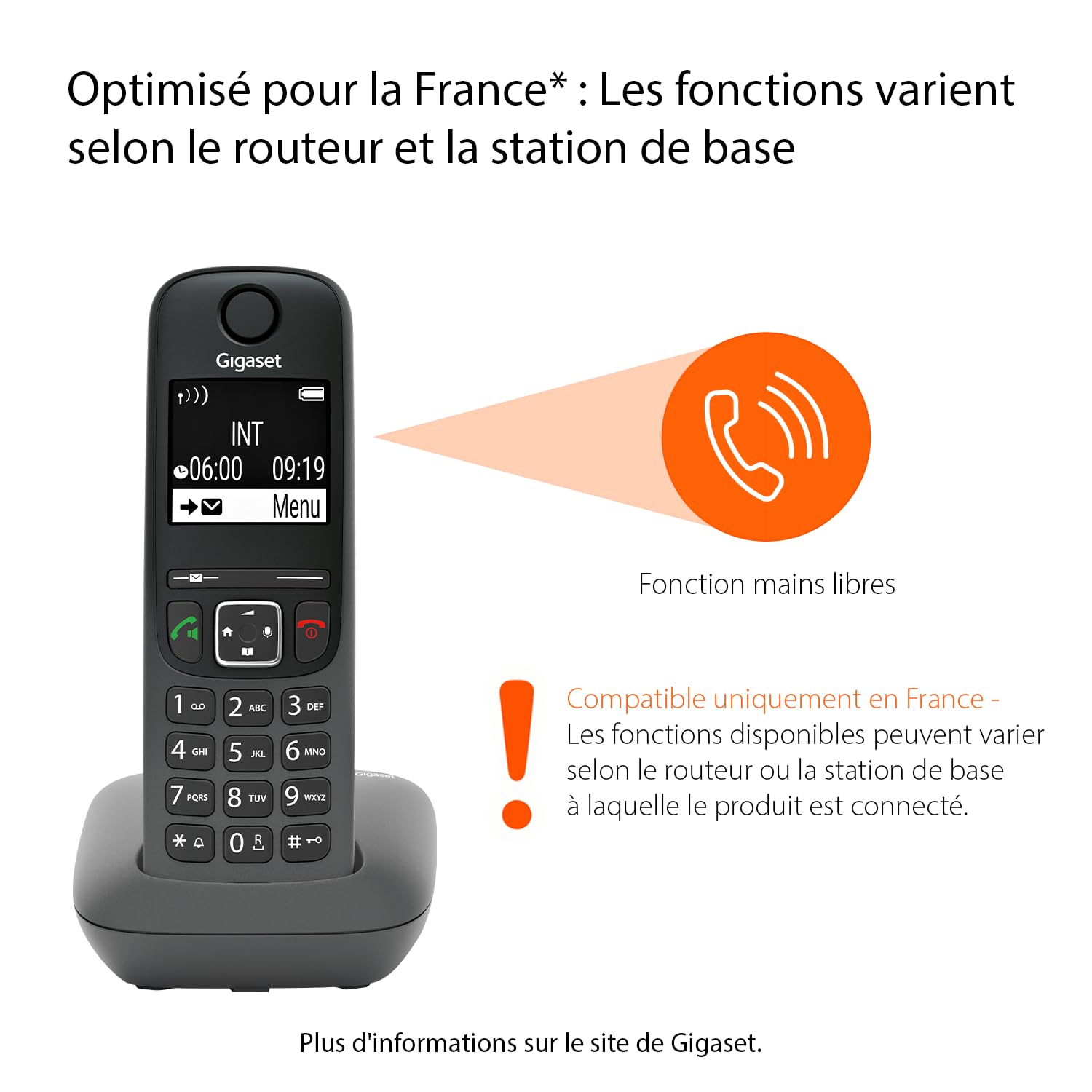 Gigaset A695 téléphone DECT sans fil grand écran fort contraste qualité audio mains libres gris