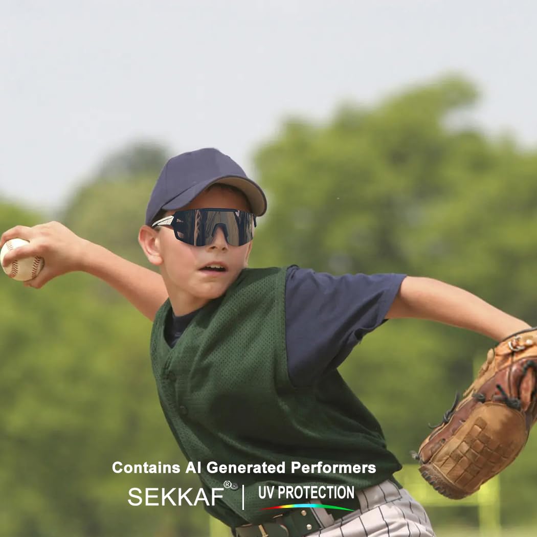 SEKKAF Młodzieżowe okulary baseballowe dla dzieci, polaryzacyjne okulary przeciwsłoneczne dla chłopców, dziewcząt, sportowe, softball, ochrona przed promieniowaniem UV, 3 szt