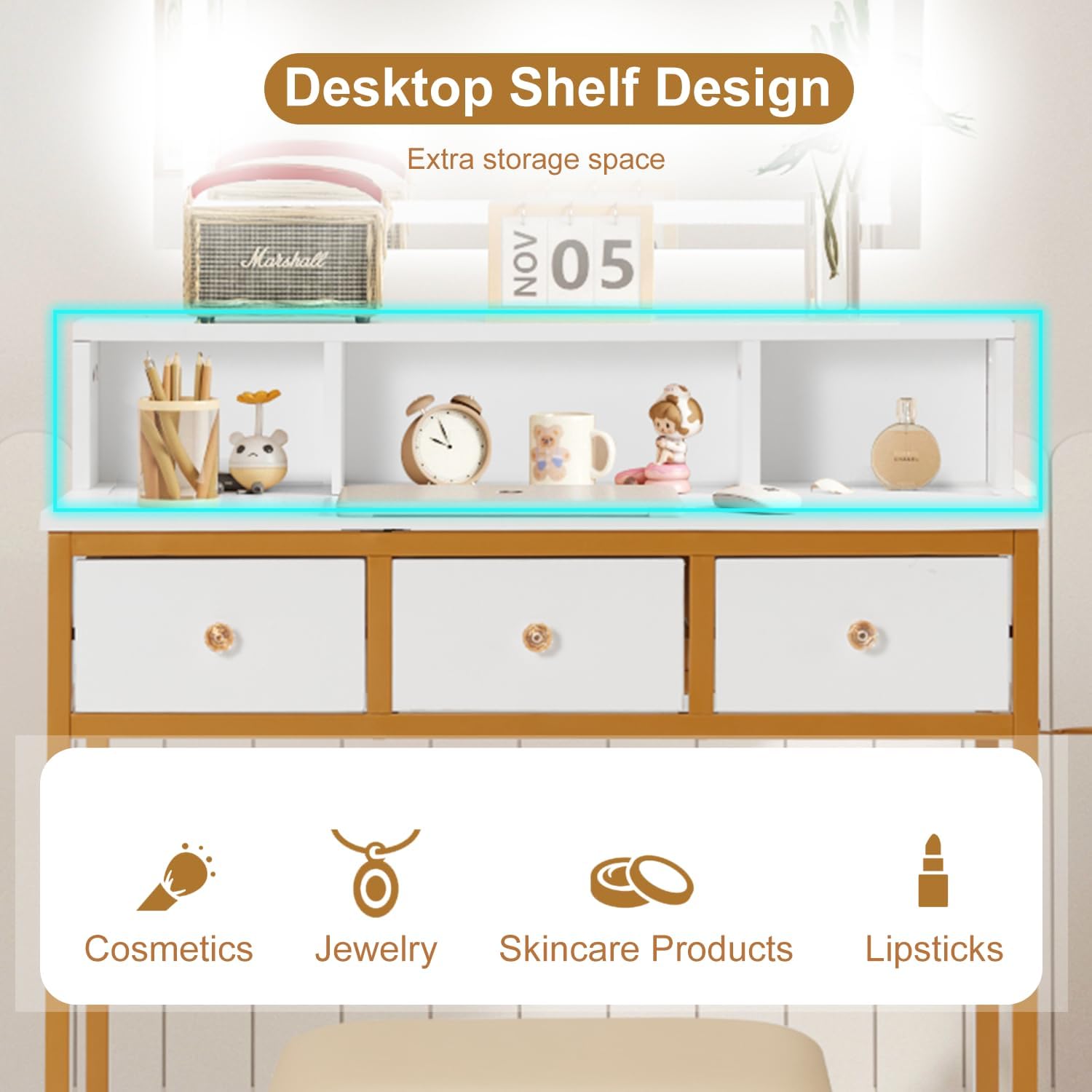 32" Vanity Desk with LED Mirror, 3 Drawers Makeup Table with Color Adjustable Mirror, Dressing Table and Stool Set, Vanity Tables with Open Shelves, White & Gold