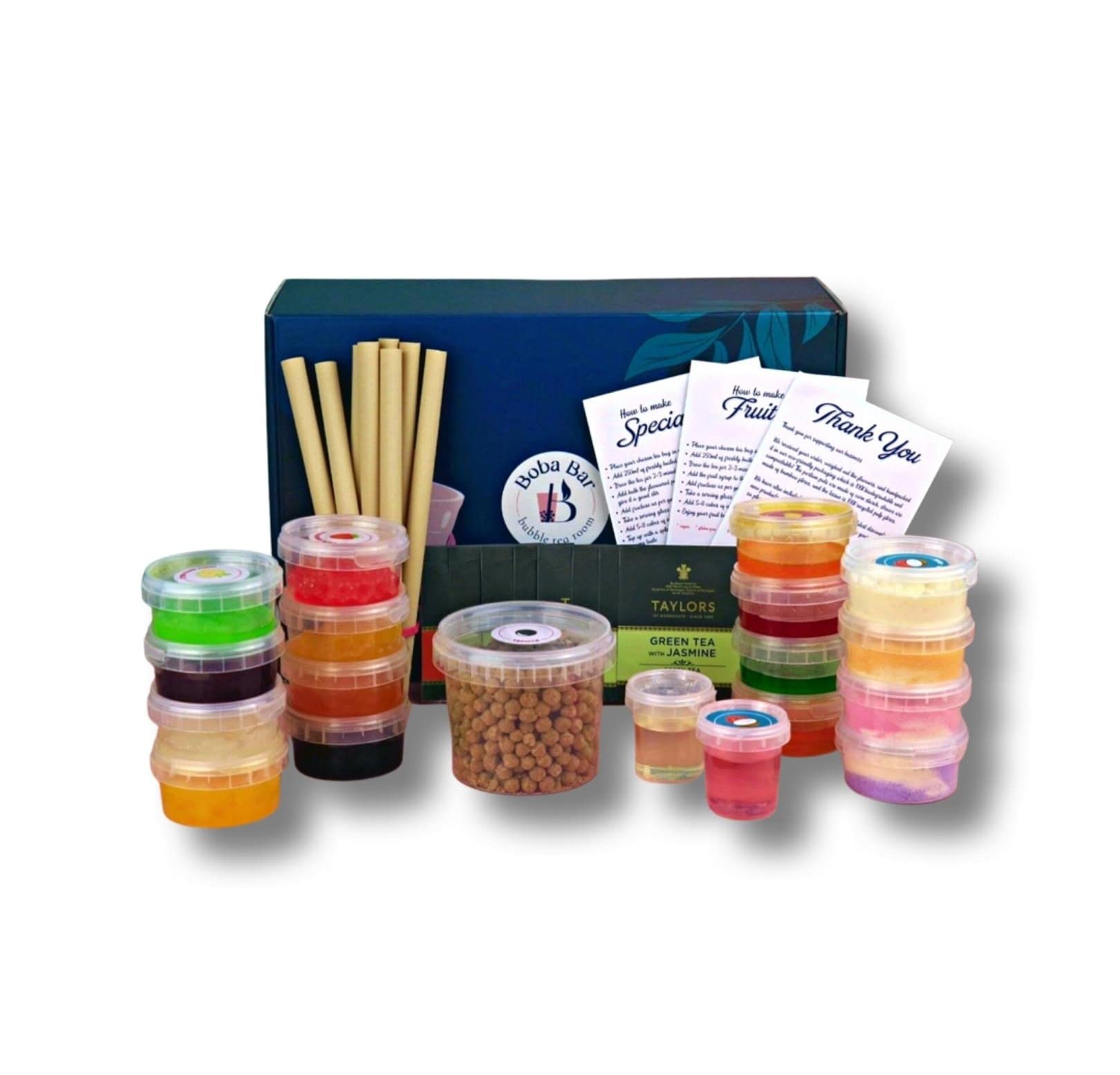Kit de té de burbujas mixtas de bricolaje premium |Popping Boba, gelatina de varios sabores, bolsitas de té verde, jarabes de diferentes sabores y leche en polvo (8 porciones) de Boba Bar London.