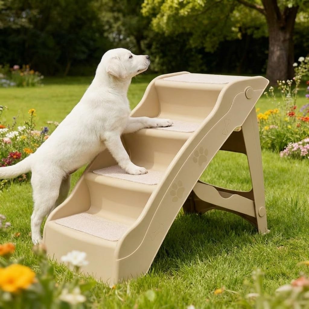 Rampa per Animali Domestici con Gradini Antiscivolo in Plastica Rinforsata Struttura Triangolare Stabile Piegevole E Portatile per Divano Letto Auto, Beige, Rinforzato e ispessito
