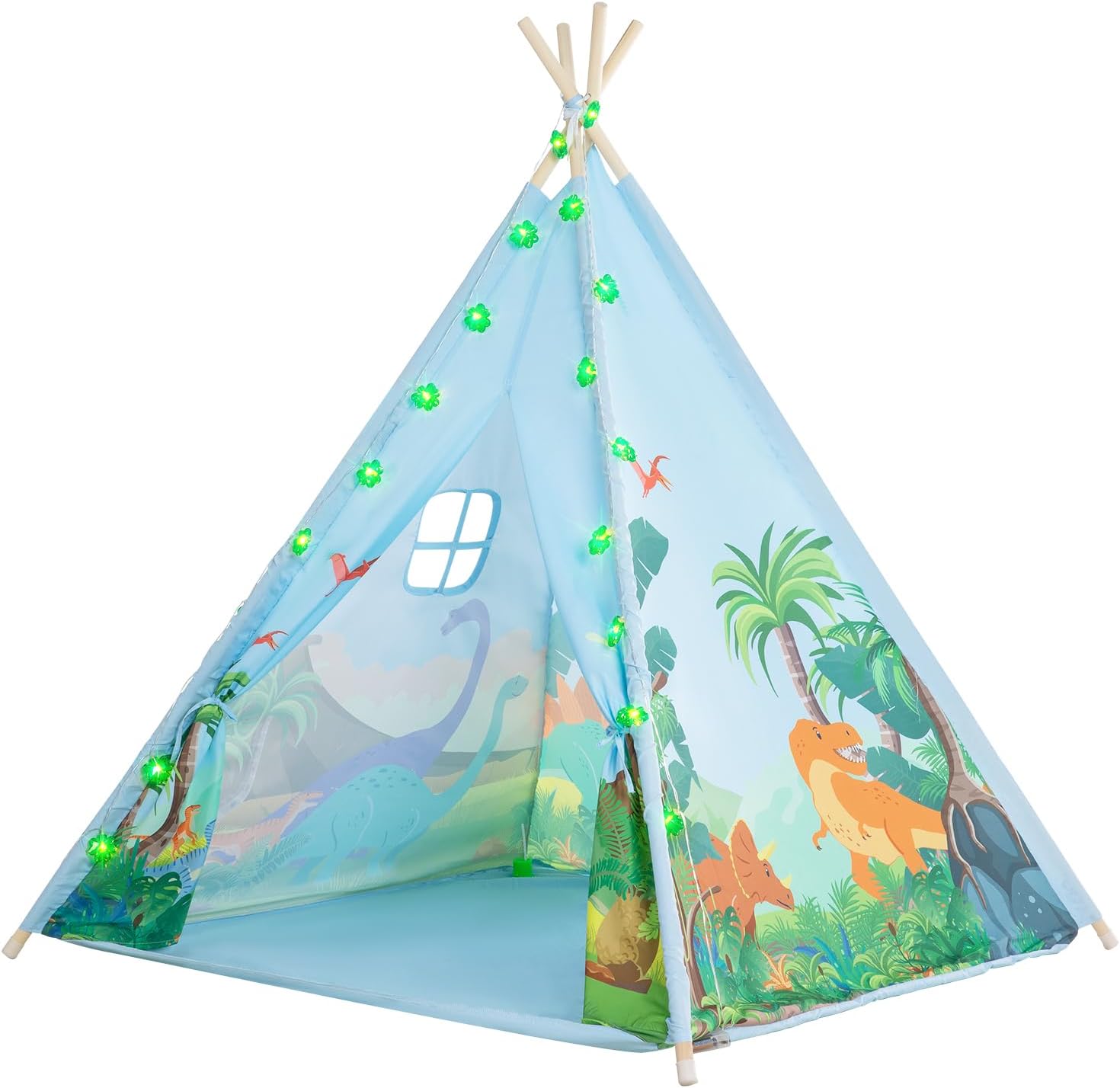 Teepee Tent for Kids, Toddlers Dinosaur Play Tent with LED String Lights, Foldable Children Teepee Tent Toy w/Storage Bag, Indoor Outdoor Pretend Playhouse Gift for Boys Girls Ages 3+