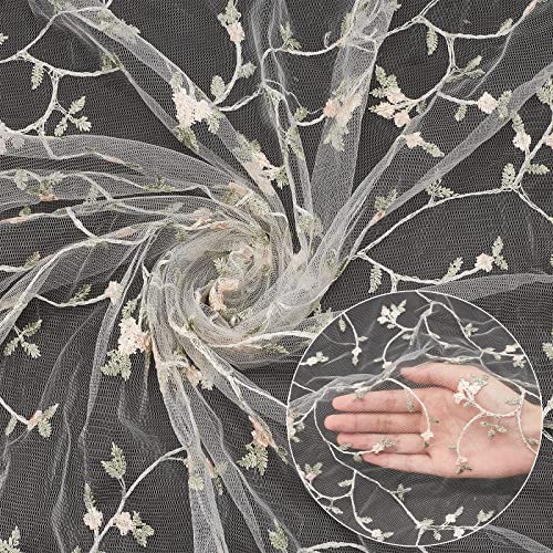 GORGECRAFT 53.5 Inch Width Floral Embroidered Lace Fabric Flowers Leaves Vine Embroidery Lace Trim Fabrics White Mesh Applique for Party Dress Skirt Clothing Embellishments DIY Sewing Crafts - Image 3