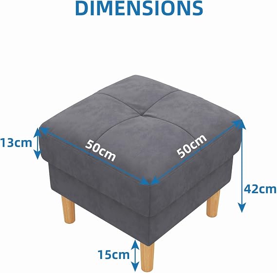 Grey Ottoman Footstool 50x50x42cm, Square Upholstered Foot Stool with Solid Wood Legs, Modern Living Room Pouffe for Sofa, Multi-Use Seating Stool for Home, Fabric & Faux Leather Options