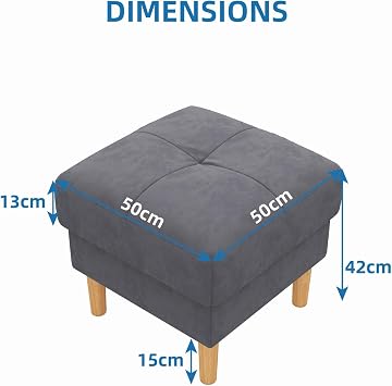 Grey Ottoman Footstool 50x50x42cm, Square Upholstered Foot Stool with Solid Wood Legs, Modern Living Room Pouffe for Sofa, Multi-Use Seating Stool for Home, Fabric & Faux Leather Options